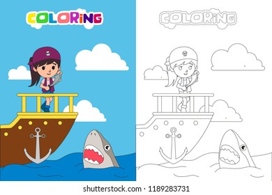 Sailor kids and pirate kids, coloring book, vector illustration