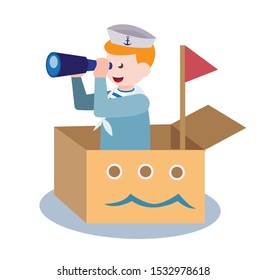 sailor kids use binocular toy on boat from cardboard box with red flag, icon, symbol, flat illustration vector