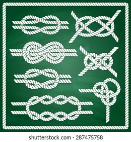 Sailor knot set. Chalk board effect. Corner element. Rope frame border. Tying the knot. Graphic design element for wedding invitations, baby shower, birthday card, scrapbooking, logo etc. 