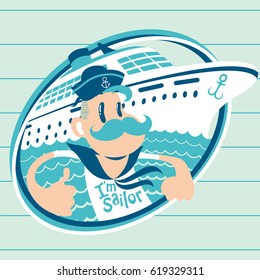 Sailor in a label with a cruise ship