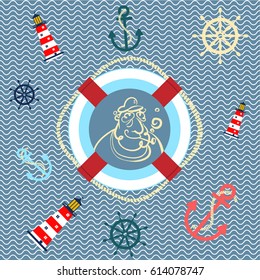 Sailor, life preserver, lighthouse, anchor, helm amid sea waves. Cartoon vector illustration.