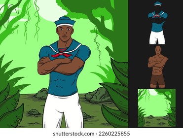 sailor lost in the forest. hand drawn character illustration