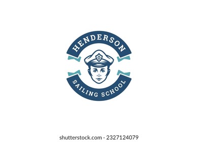 Sailor male portrait marine nautical sailing school circle vintage logo design template vector illustration. Sail shipping cruise educational courses round ribbon blue monochrome maritime emblem