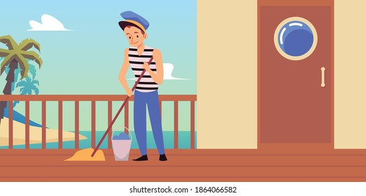 Sailor man cartoon character busy with routine job on sea ship, flat vector illustration. Sailor or seaman washing marine vehicle or yacht wooden deck.