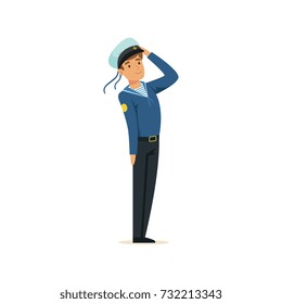Sailor man character in blue uniform saluting vector Illustration
