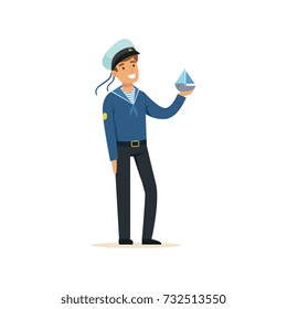 Sailor man character in blue uniform holding small boat vector Illustration