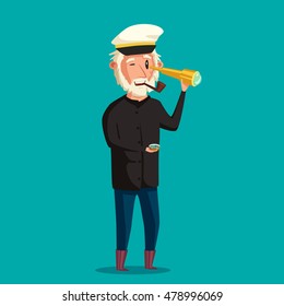 Sailor man character. Vector cartoon illustration. Old captain. Happy seaman. Vintage style