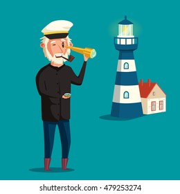 Sailor man character. Vector cartoon illustration. Old captain. Happy seaman. Vintage style