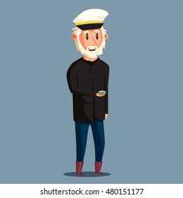 Sailor man character. Vector cartoon illustration. Old captain. Happy seaman. Vintage style