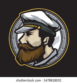 sailor man head with bearded with window ship badge logo design vector