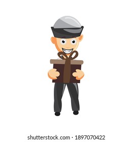 Sailor man Hold Gift cartoon character Vector illustration in a flat style Isolated