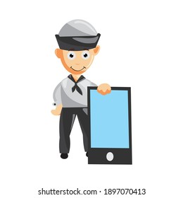 Sailor man Hold Hand Phone cartoon character Vector illustration in a flat style Isolated