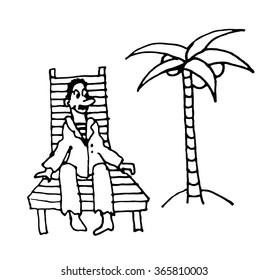 sailor man in a suit rests on a wooden deck chair under a palm tree cartoon sketch comic vector illustration