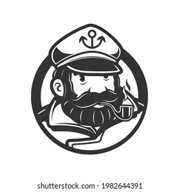 Sailor Man Vintage Logo. Sailor Man With Pipe Of Cigarette. Black And White Vector