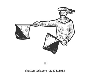 Sailor mariner show flag semaphore alphabet letter H sketch engraving vector illustration  T  shirt apparel print design  Scratch board imitation  Black   white hand drawn image 