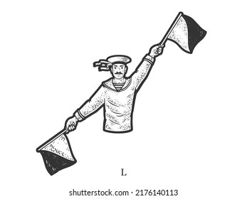 Sailor Mariner Show Flag Semaphore Alphabet Letter L Sketch Engraving Vector Illustration. T-shirt Apparel Print Design. Scratch Board Imitation. Black And White Hand Drawn Image.