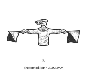 Sailor Mariner Show Flag Semaphore Alphabet Letter R Sketch Engraving Vector Illustration. T-shirt Apparel Print Design. Scratch Board Imitation. Black And White Hand Drawn Image.