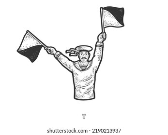 Sailor Mariner Show Flag Semaphore Alphabet Letter T Sketch Engraving Vector Illustration. T-shirt Apparel Print Design. Scratch Board Imitation. Black And White Hand Drawn Image.