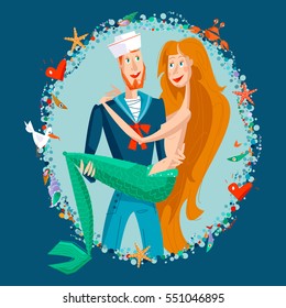 Sailor and mermaid.  St. Valentine's Day. Vector illustration