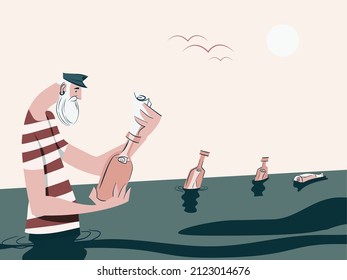 Sailor with message in a bottle - vector illustration