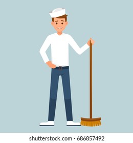 sailor with a MOP. vector character of Jung with a brush for cleaning the deck.vector illustration isolated from background