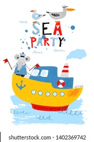 Sailor mouse on the ship. Nautical hand drawn vector illustration for kids. Cute seagull and albatross. Funny animals. Cartoon flat marine background. Pencil texture. Childish drawing. Sea party.