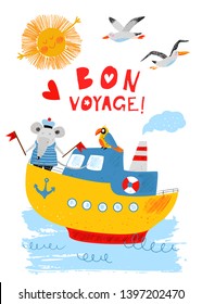 Sailor mouse and parrot on the ship. Nautical hand drawn vector illustration for kids. Cute boat and funny animals. Cartoon flat marine background. Pencil texture. Childish drawing. Bon voyage card.