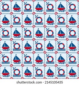 Sailor and nautical pattern in blue-red style. Lighthouse, boat, compass, boat, anchor and other nautical elements.