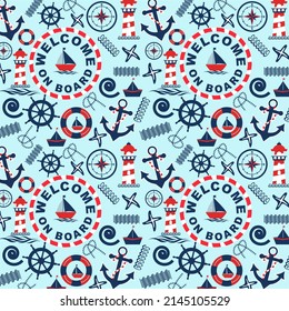 Sailor and nautical pattern in blue-red style. Lighthouse, boat, compass, boat, anchor and other nautical elements.