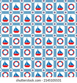 Sailor and nautical pattern in blue-red style. Lighthouse, boat, compass, boat, anchor and other nautical elements.