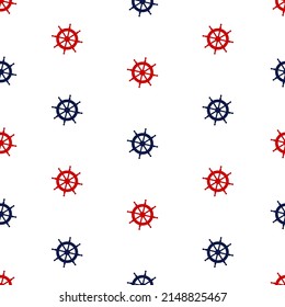 Sailor and nautical pattern in blue-red style. Lighthouse, boat, compass, boat, anchor and other nautical elements. Vector illustration - Shutterstock ID 2148825467