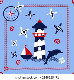 Sailor and nautical pattern in blue-red style. Lighthouse, boat, compass, boat, anchor and other nautical elements. Vector illustration