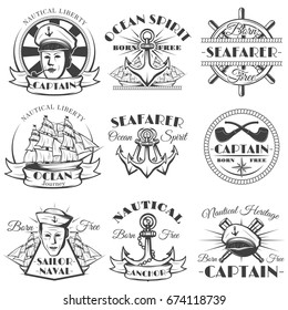 Sailor naval vector vintage label, badge, or emblem in monochrome style. Ocean spirit, Nautical heritage, Born free, Sailor naval, Captain.