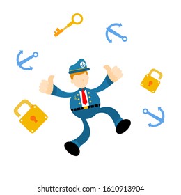 sailor navy captain and security gold pad lock cartoon doodle flat design style vector illustration