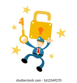 sailor navy captain and security gold pad lock cartoon doodle flat design style vector illustration