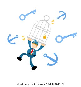 sailor navy captain and security prison iron cage cartoon doodle flat design style vector illustration