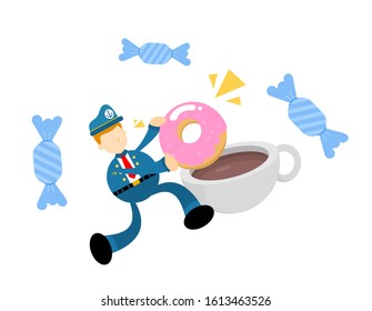 sailor navy captain and sweet doughnut drink coffee cup cartoon doodle flat design style vector illustration
