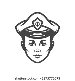 Sailor navy young boy captain face in hat anchor sailing journey sea cruise crew vintage icon vector illustration. Male child portrait sailboat commander nautical ship mariner travel adventure avatar