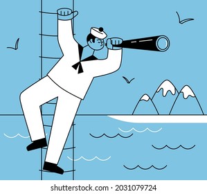 A sailor on a ship. Vector illustration in a flat style. A cartoon character looks at the shore through a telescope. Seascape. Drawing for marine decor, printing.