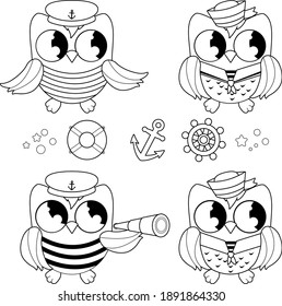 Sailor owls marine nautical set. Vector black and white coloring page.