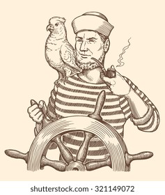 Sailor with a parrot. Hand drawn engraving. Vector vintage illustration. 8 EPS