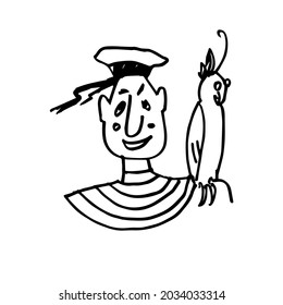 A sailor with a parrot on his shoulder. A hand-drawn character. Sketch. Vector doodle illustration