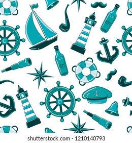 Sailor pattern. Seamless pattern of a pirate ship and attributes. hand-drawn illustration