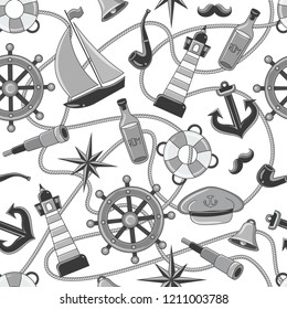 Sailor pattern. Seamless pattern of a pirate ship and attributes. hand-drawn illustration