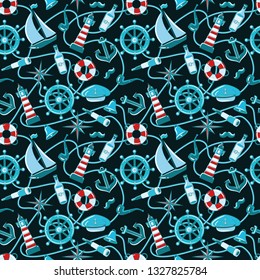 Sailor pattern. Seamless pattern of a pirate ship and attributes. hand-drawn illustration