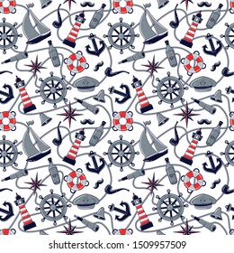 Sailor pattern. Seamless pattern of a pirate ship and attributes. hand-drawn illustration