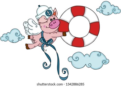 Sailor pig with wings fly holding a help save life float