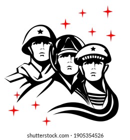 A sailor, a pilot, and a soldier stand together in defense of the fatherland. Illustration for the Defender of the Fatherland holiday on February 23.