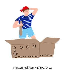 Sailor pirate kid playing holding sword on cardboard box ship. Vector illustration in cartoon style