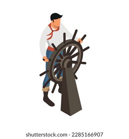 Sailor or pirate at ship steering wheel isometric vector illustration